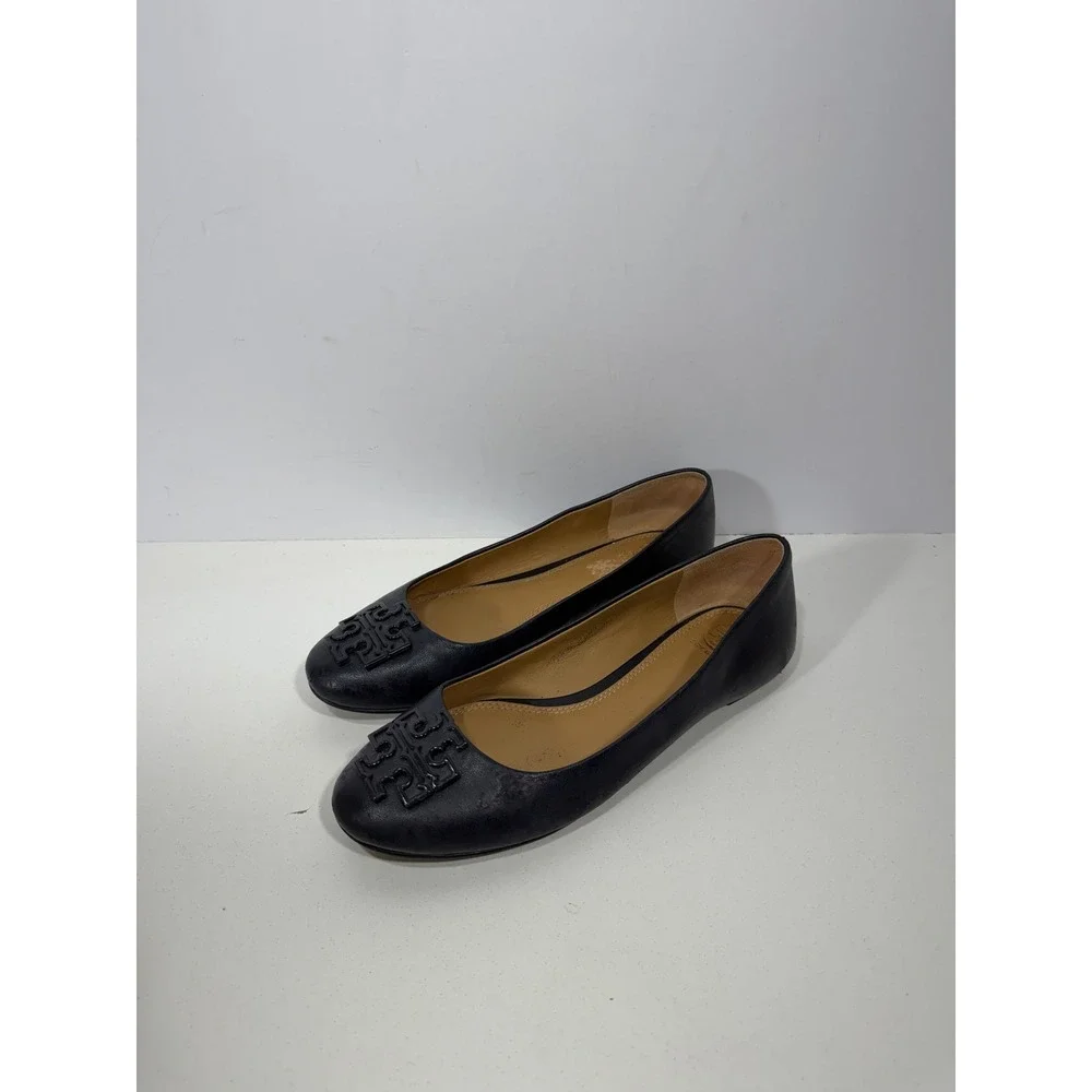 Tory Burch Navy Blue Leather Ballet Flats Logo Round Toe Shoes 7M 8778 A18